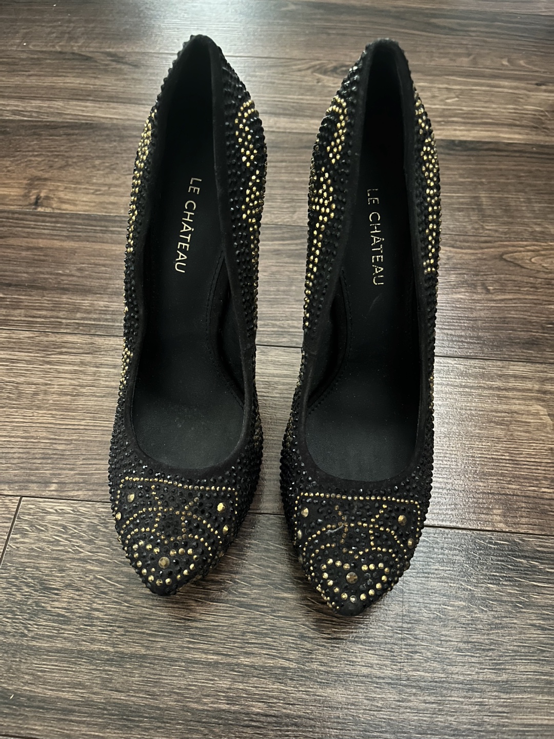 Le Chateau Black & Gold Rhinestone Heels