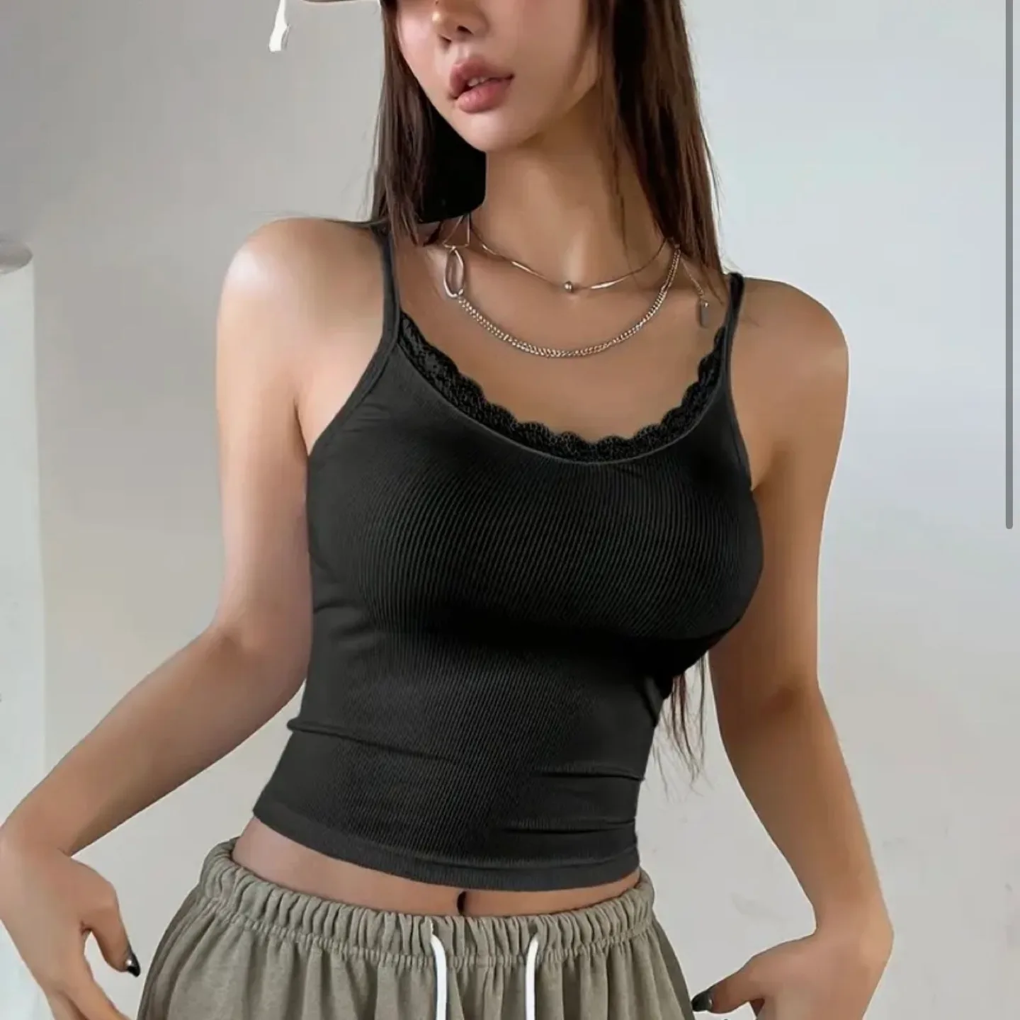 Black cami top with lace detail thumbnail