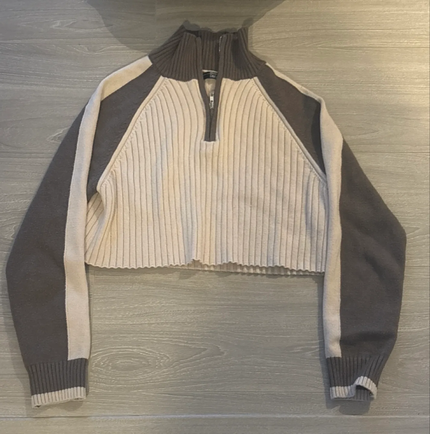 Cream and Grey Colour Block Knitted Zip-Up Sweater thumbnail