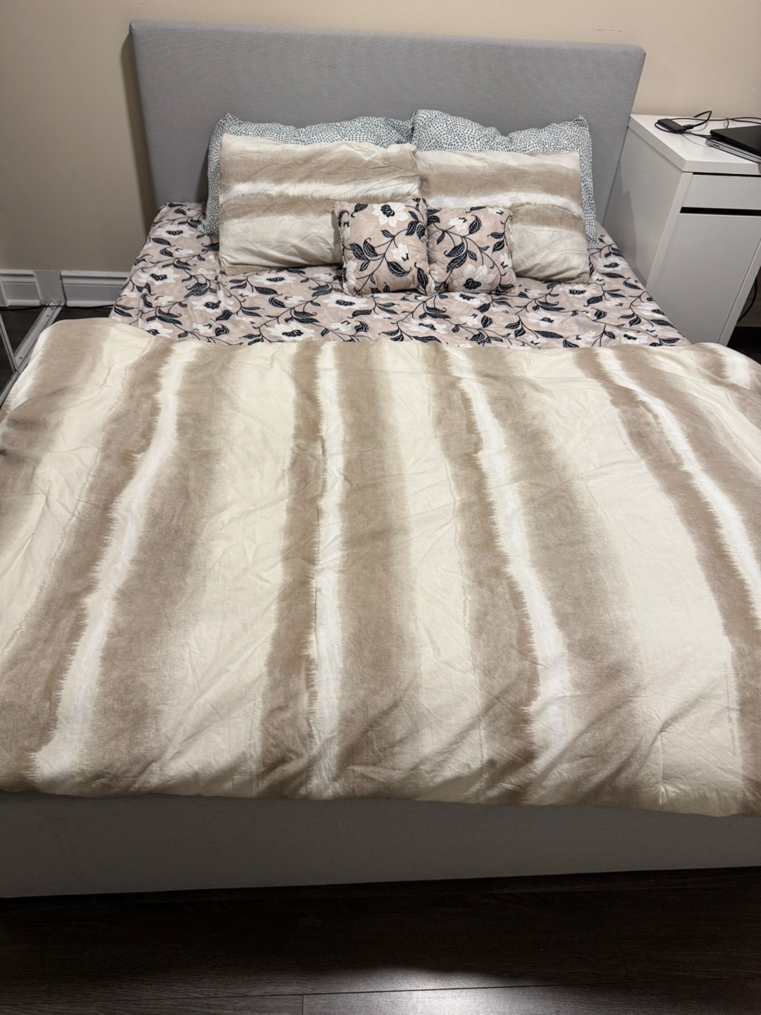IKEA Queen Bed Frame, mattress, protector, comforter, pillows