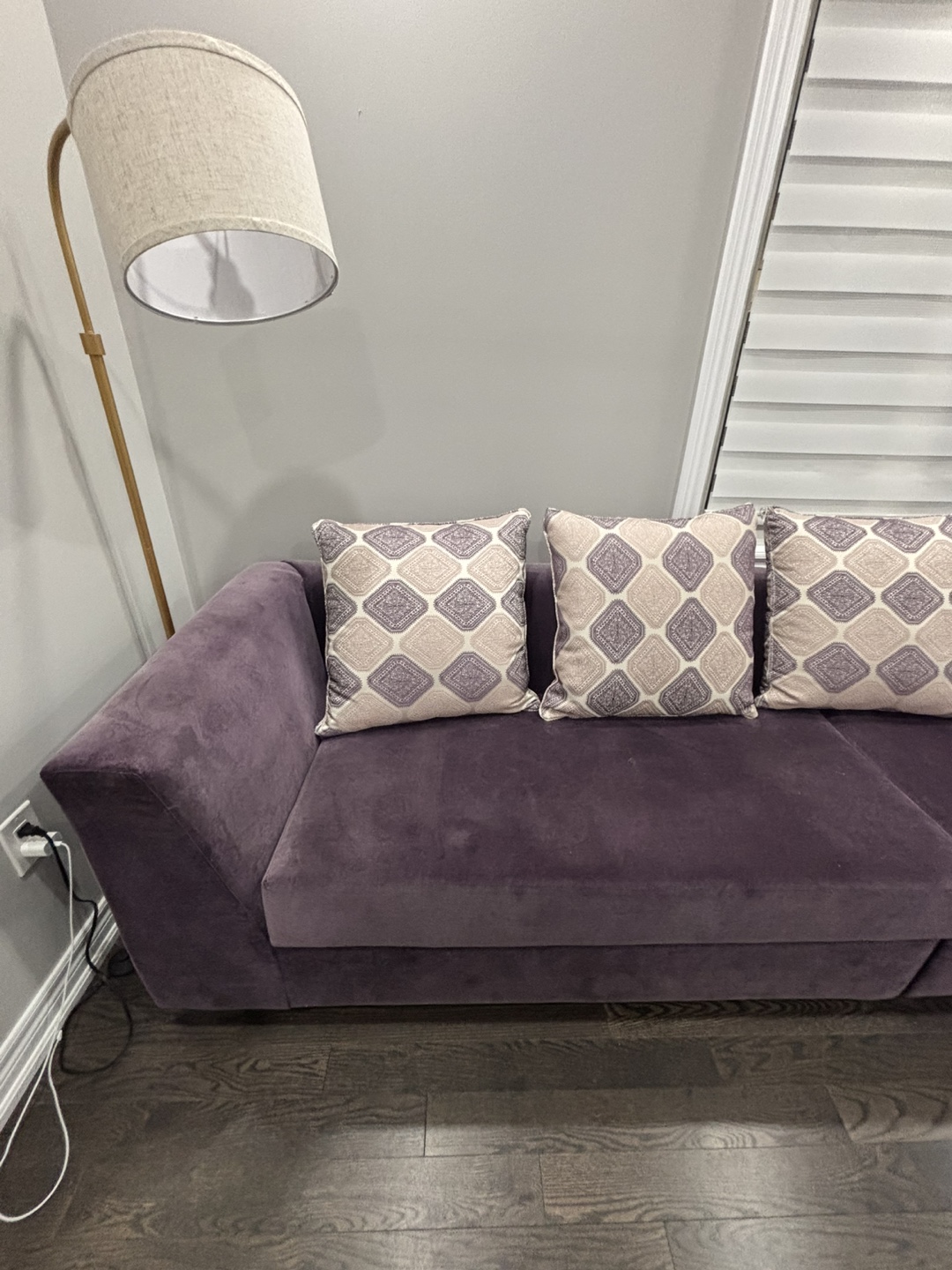 Purple Velvet Sectional Sofa with Throw Pillows - photo 2