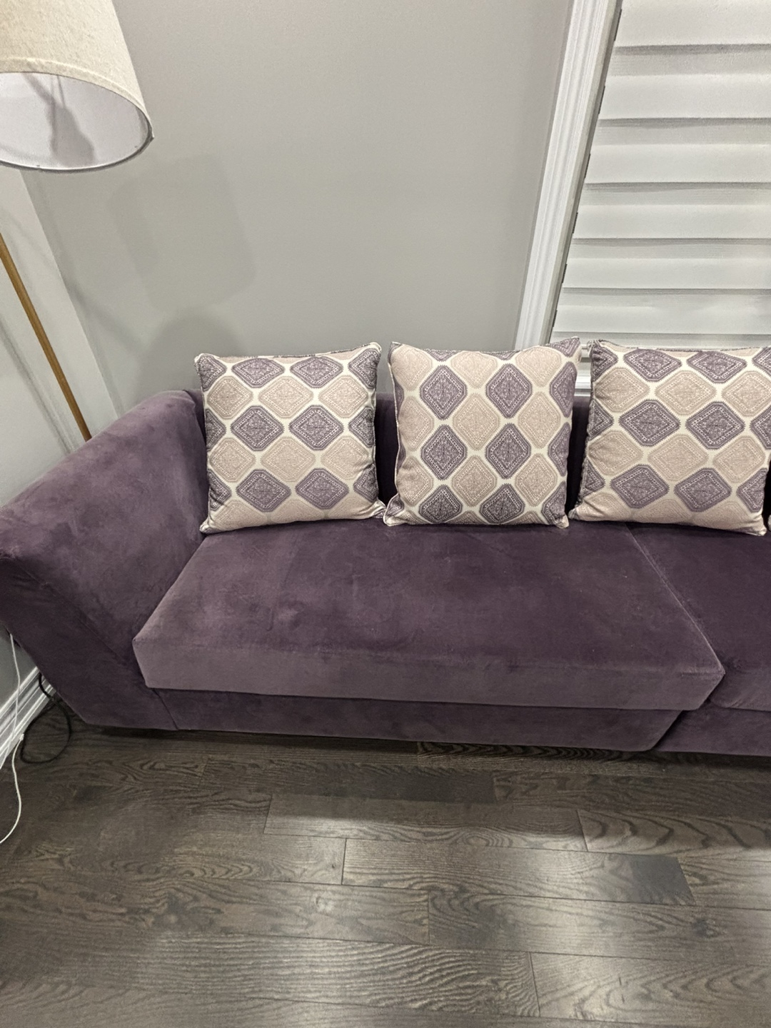 Purple Velvet Sectional Sofa with Throw Pillows - photo 3