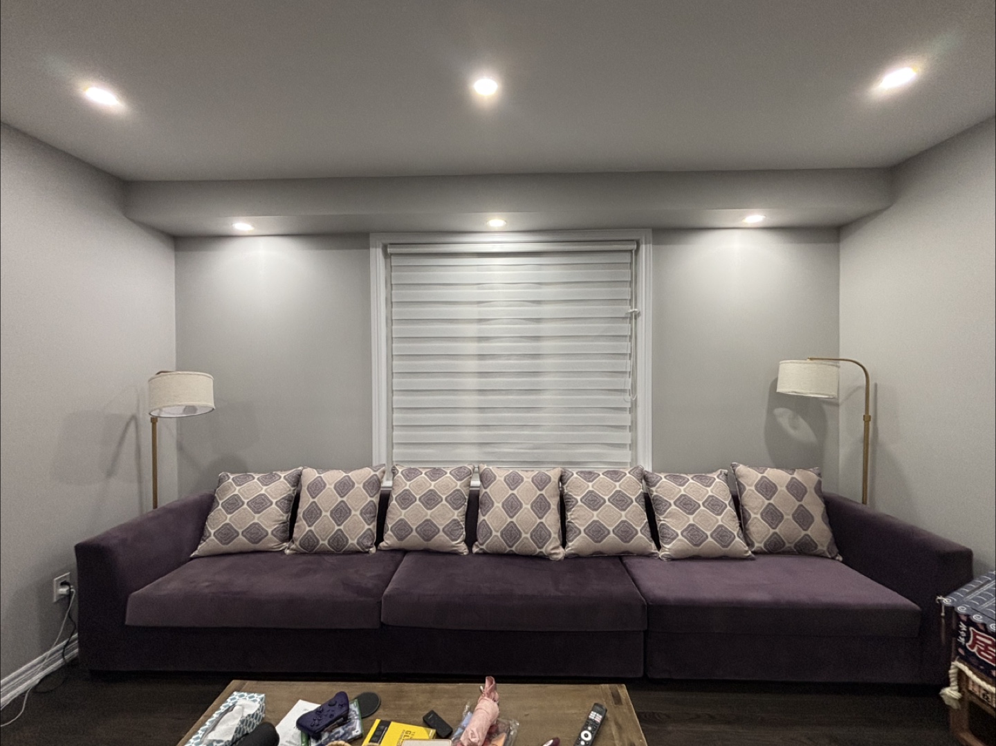 Purple Velvet Sectional Sofa with Throw Pillows