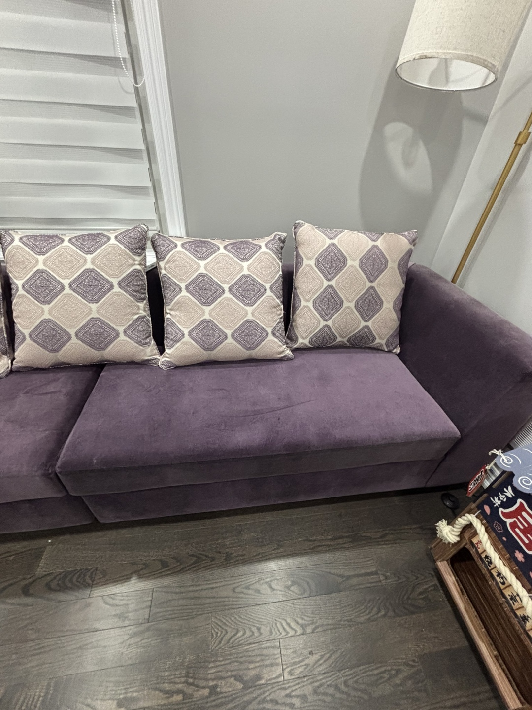 Purple Velvet Sectional Sofa with Throw Pillows - photo 5