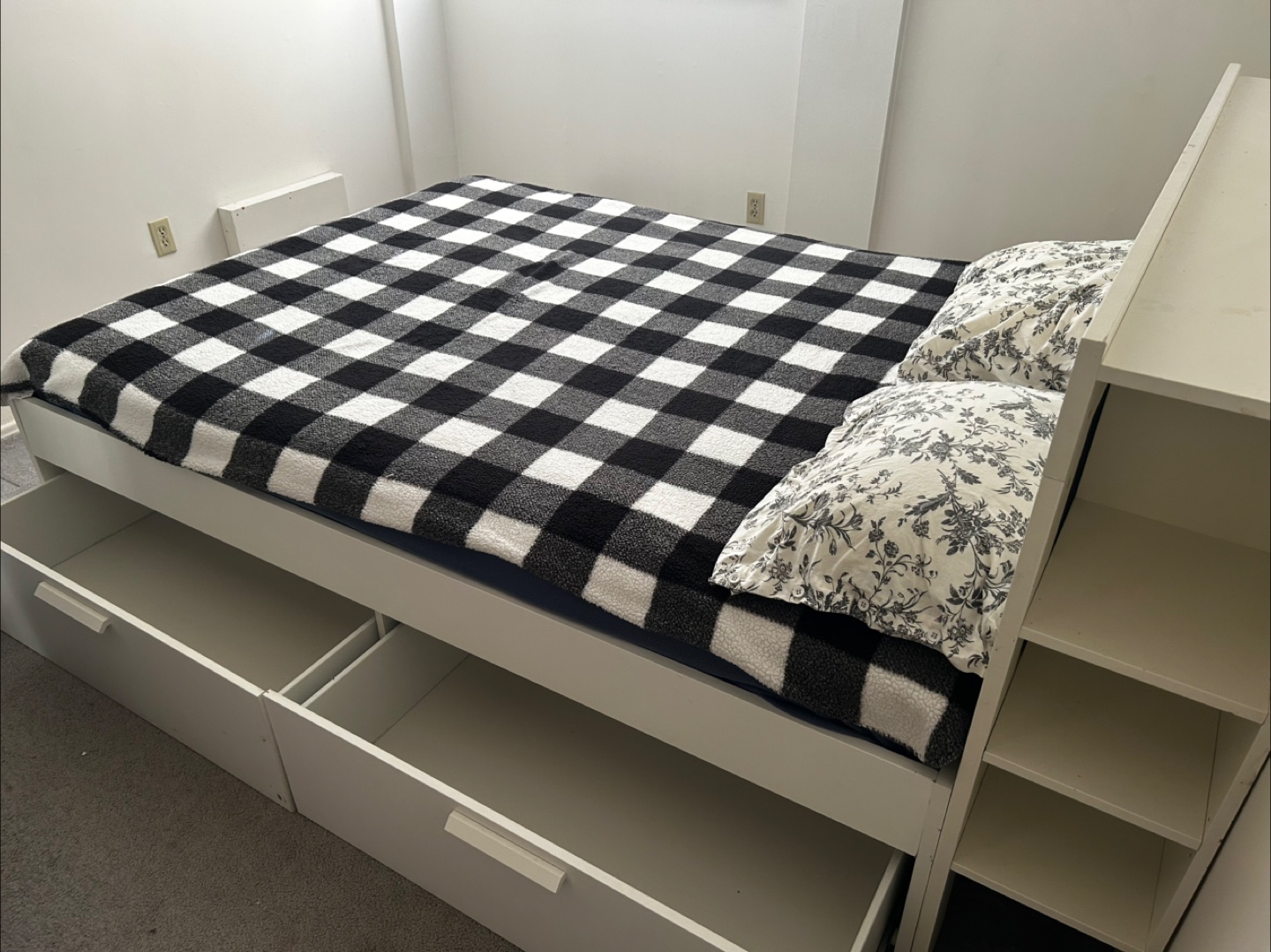 White Double Bed Frame with Built-in Shelves and Drawers