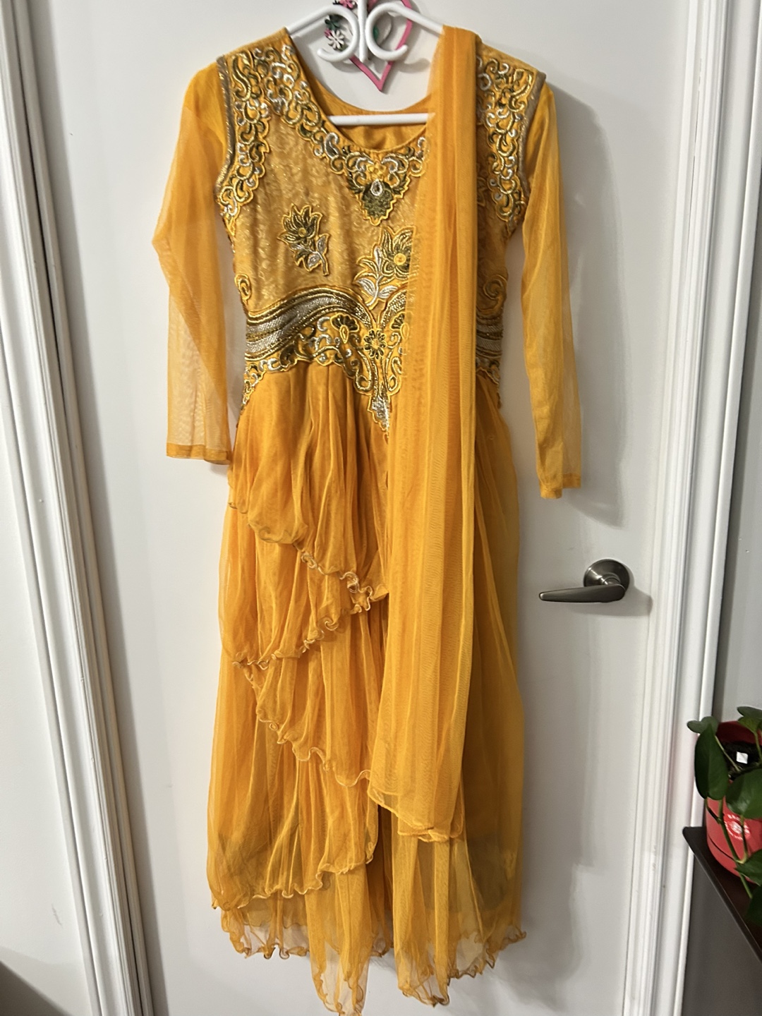 Mustard Yellow Embroidered Girls' Gown