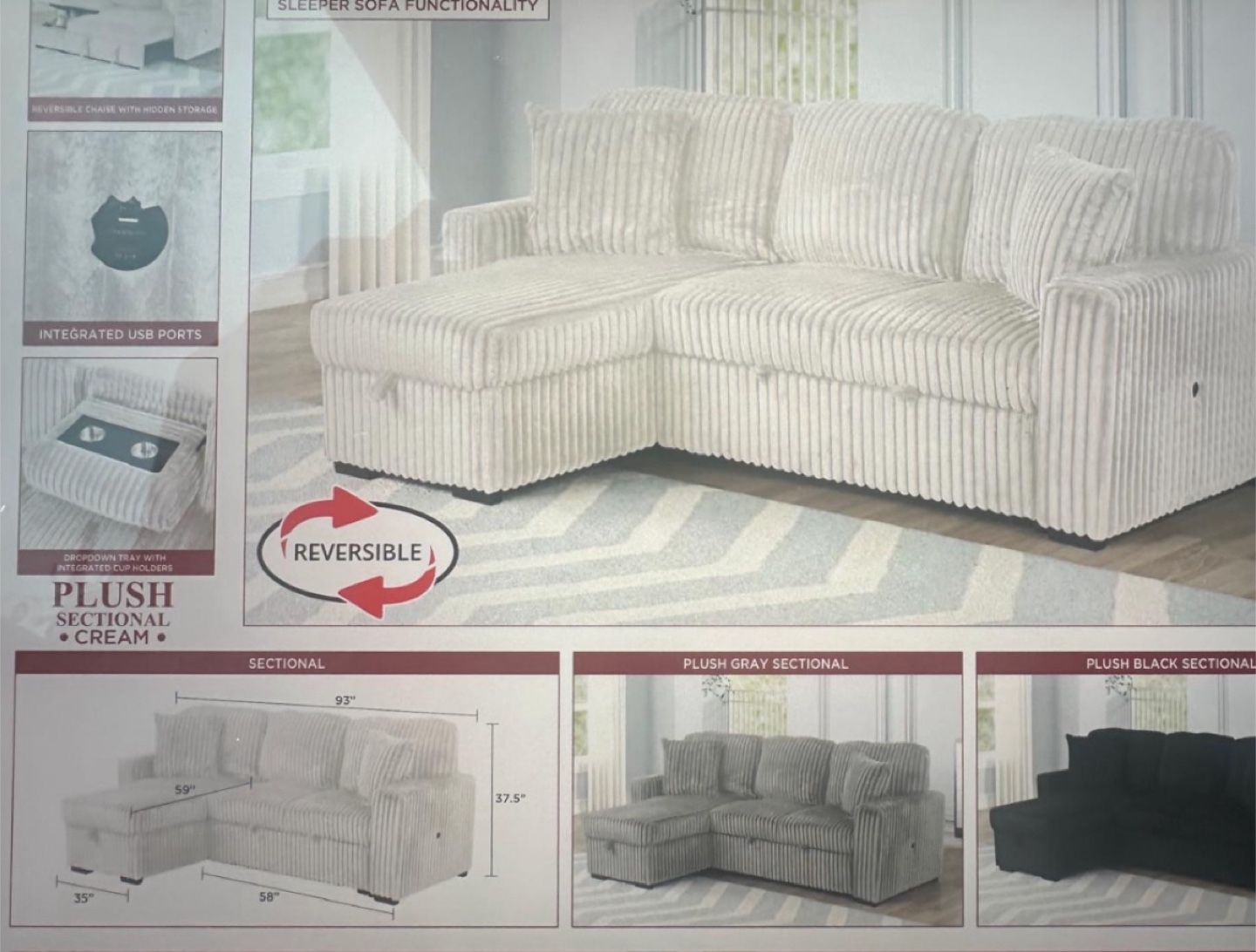 Cream Plush Sectional Sofa with USB Ports