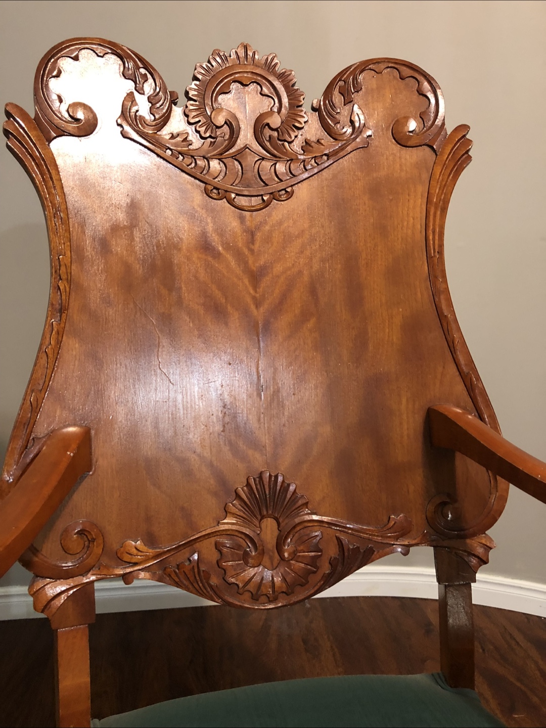 Antique Carved Wooden Armchair with Teal Upholstery - photo 3