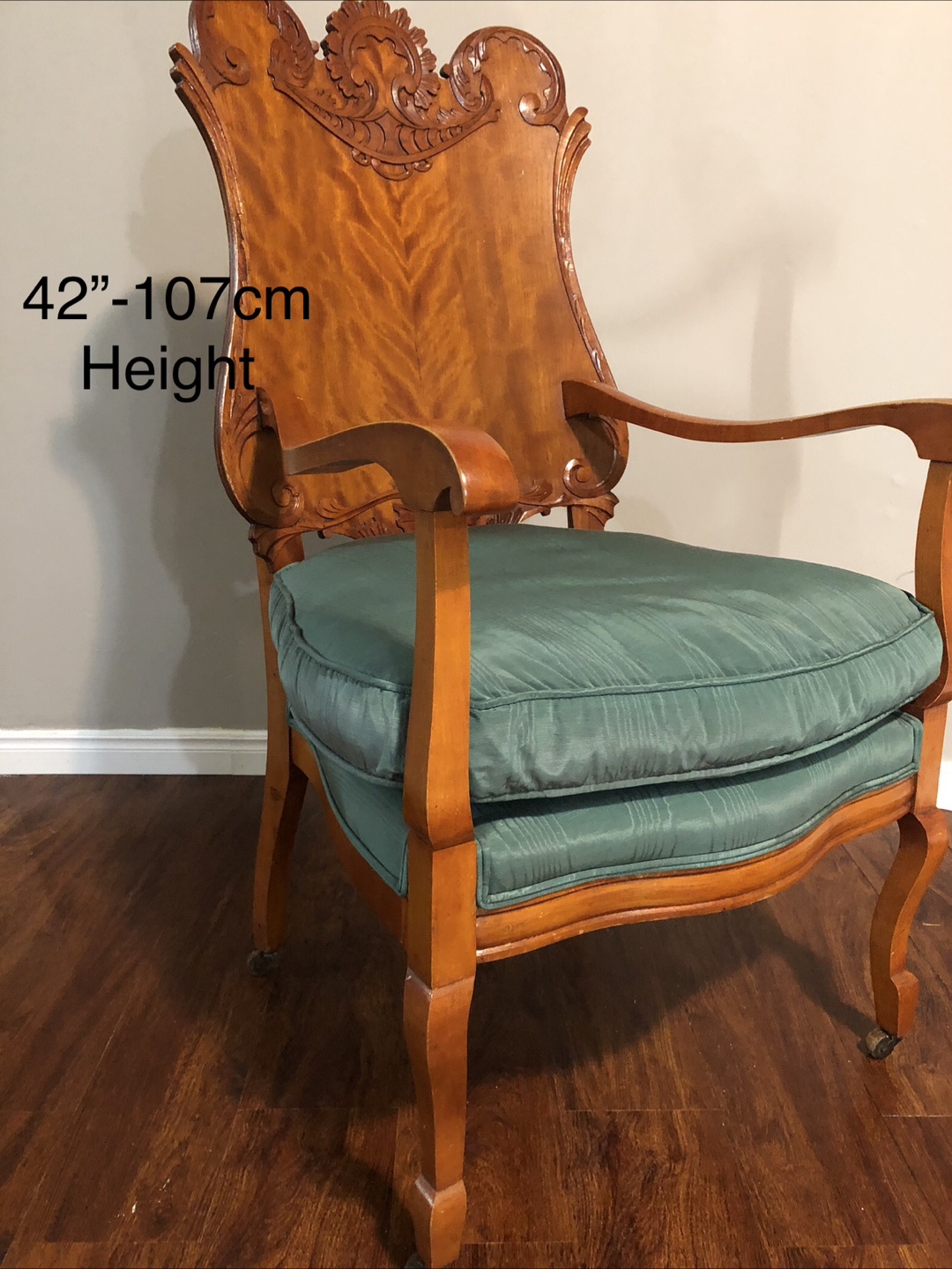 Antique Carved Wooden Armchair with Teal Upholstery
