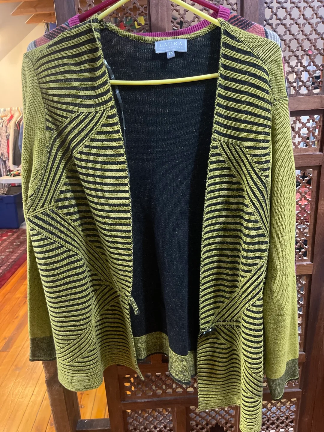 Laura Plus Petites 1X Olive Green and Black Striped Cardigan thumbnail