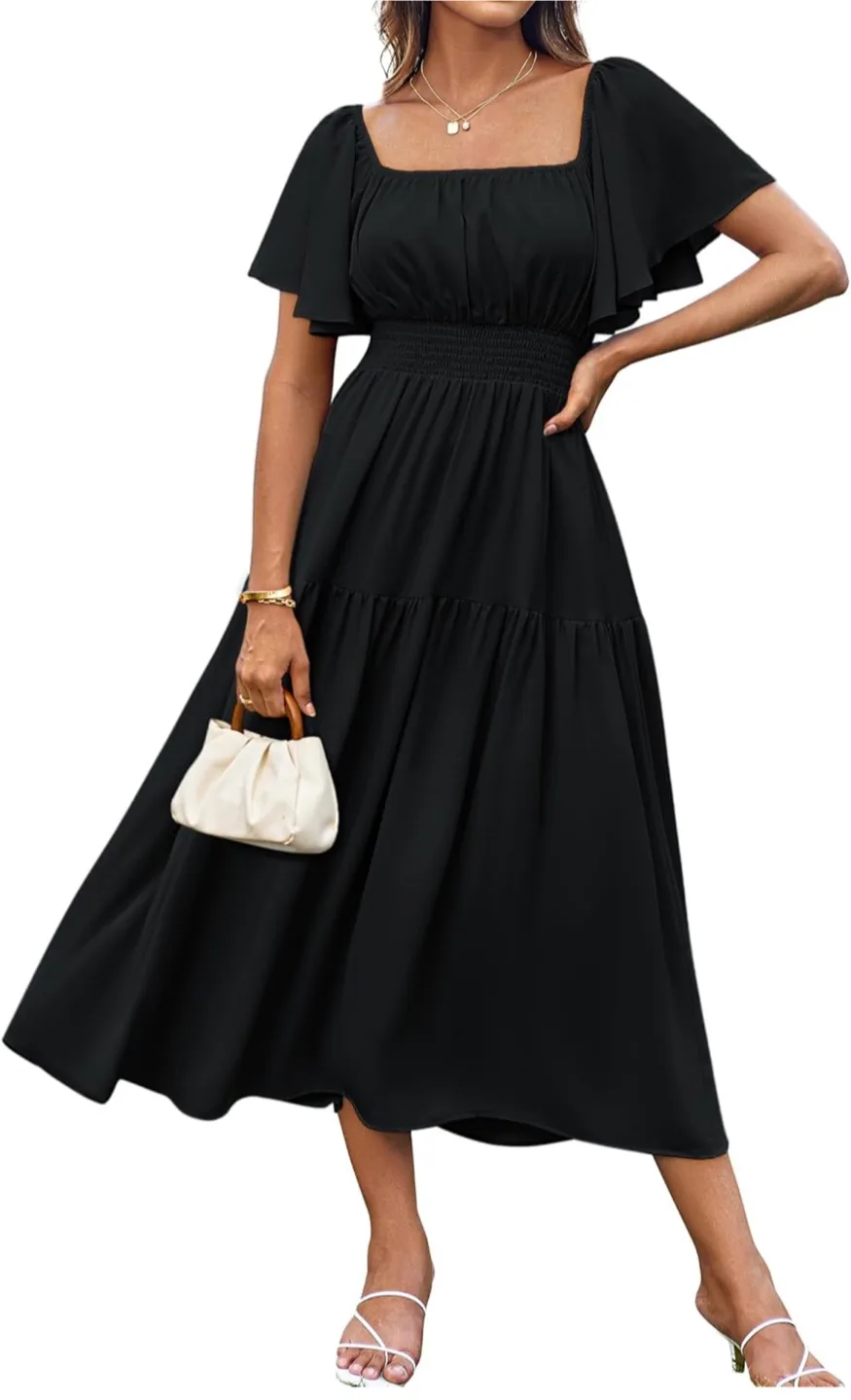 NEW! GRACE KARIN Black tiered midi dress with flutter sleeves thumbnail