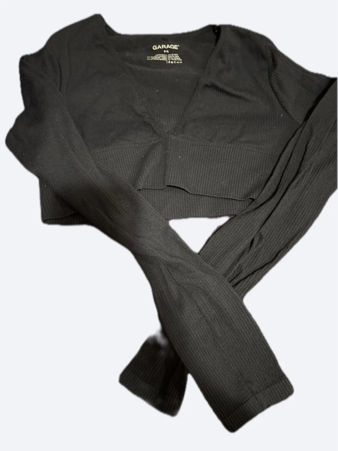 Garage Black Ribbed Long Sleeve Crop Top thumbnail