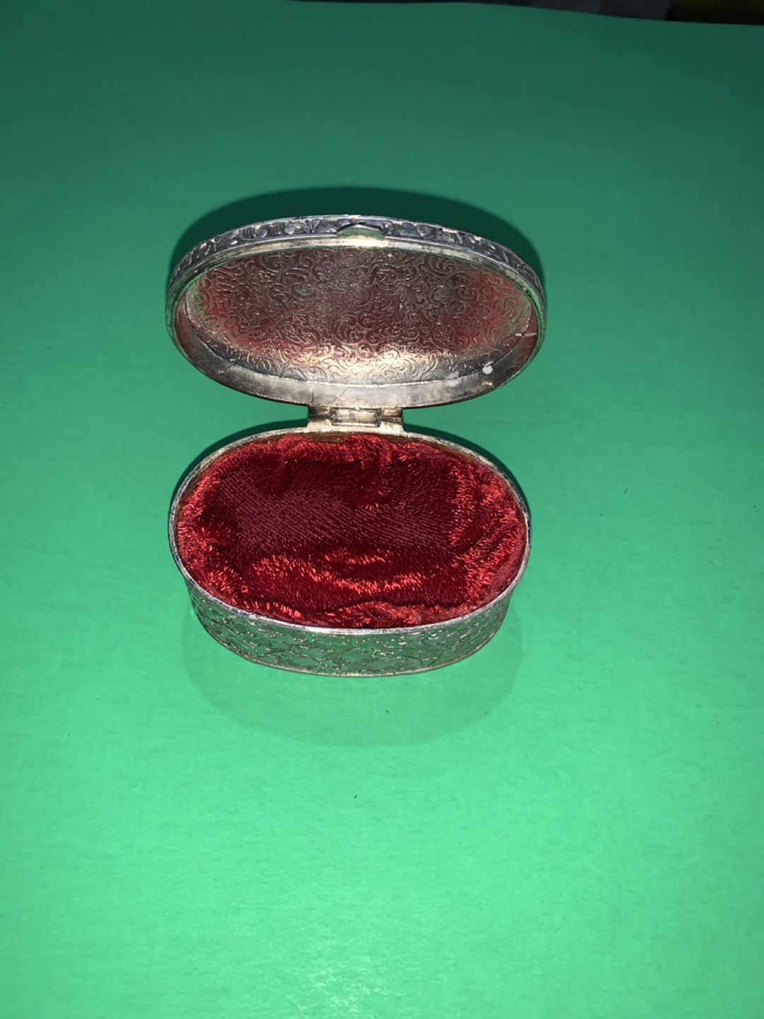 Vintage Silver-Tone Metal Trinket Box with Red Velvet Interior