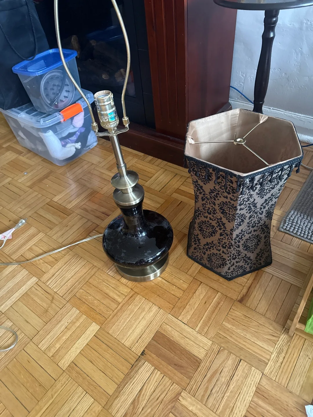 Dark Brown Table Lamp with Black and Gold Lamp Shade thumbnail