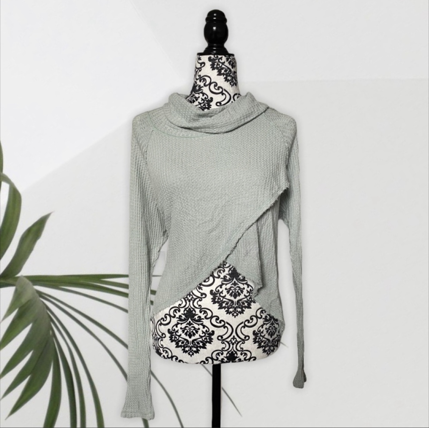 Free People sage green waffle knit asymmetrical sweater