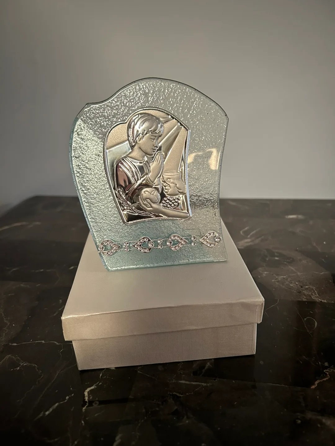 First Communion keepsake - Blue and silver glass plaque thumbnail