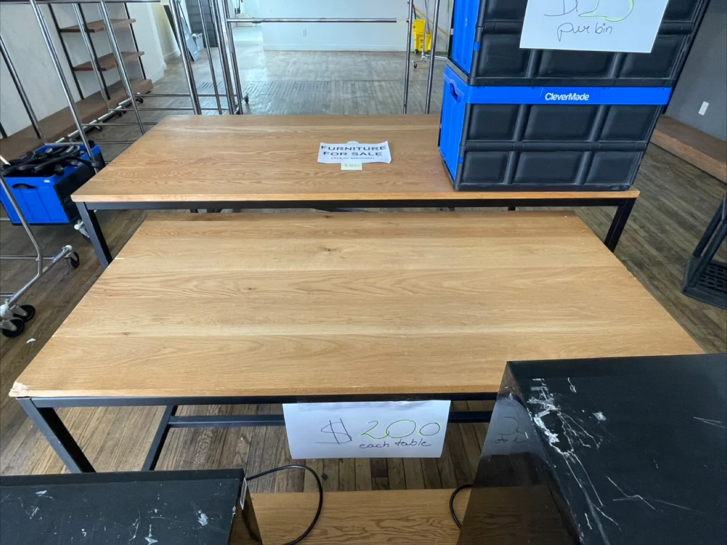 Two Oak Wood Tables with Black Metal Legs thumbnail