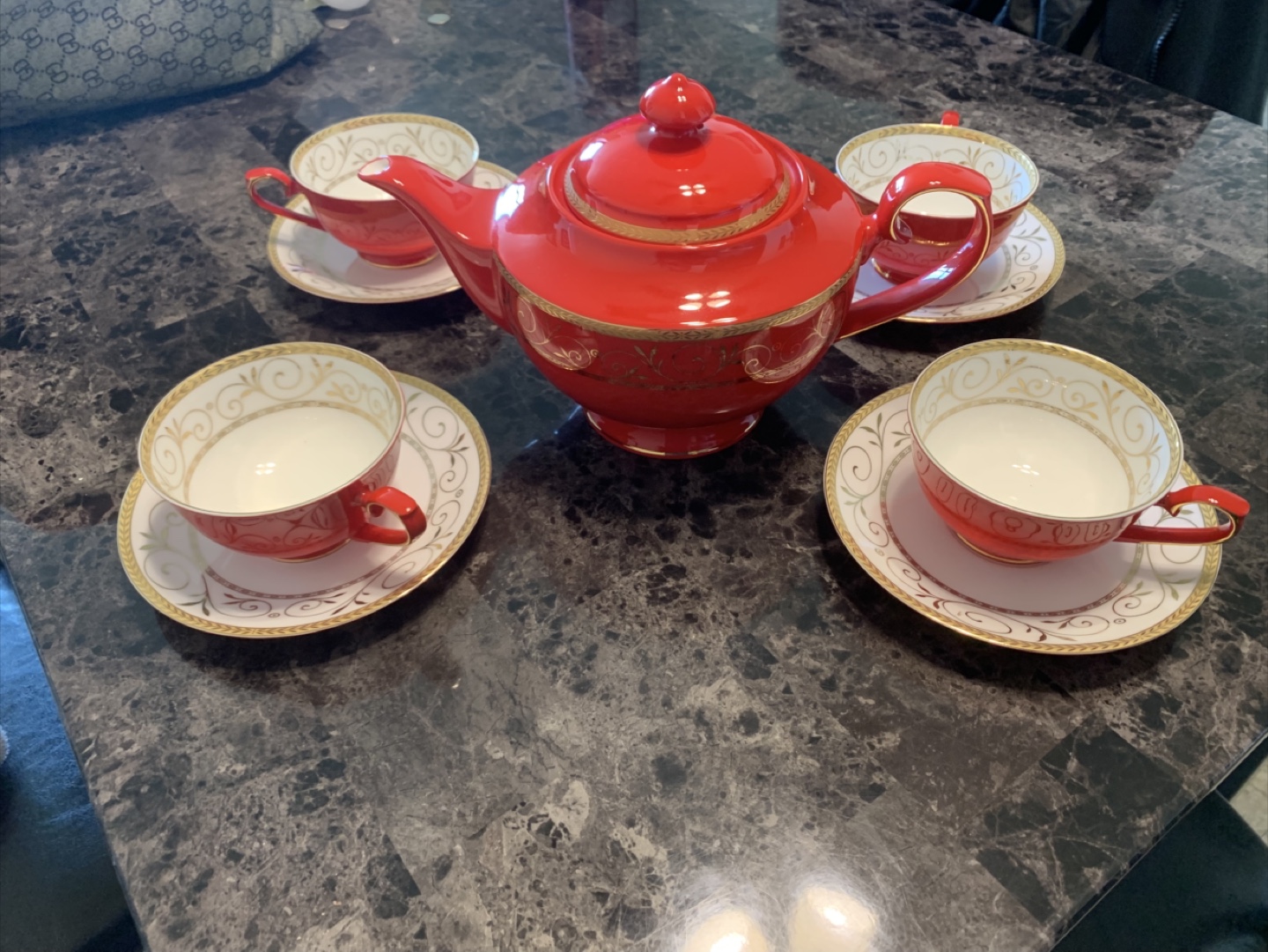 Red Tea Set with Gold Accents - 4 Cups and Saucers, Teapot