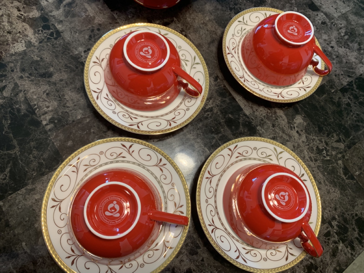 Red Tea Set with Gold Accents - 4 Cups and Saucers, Teapot - photo 2