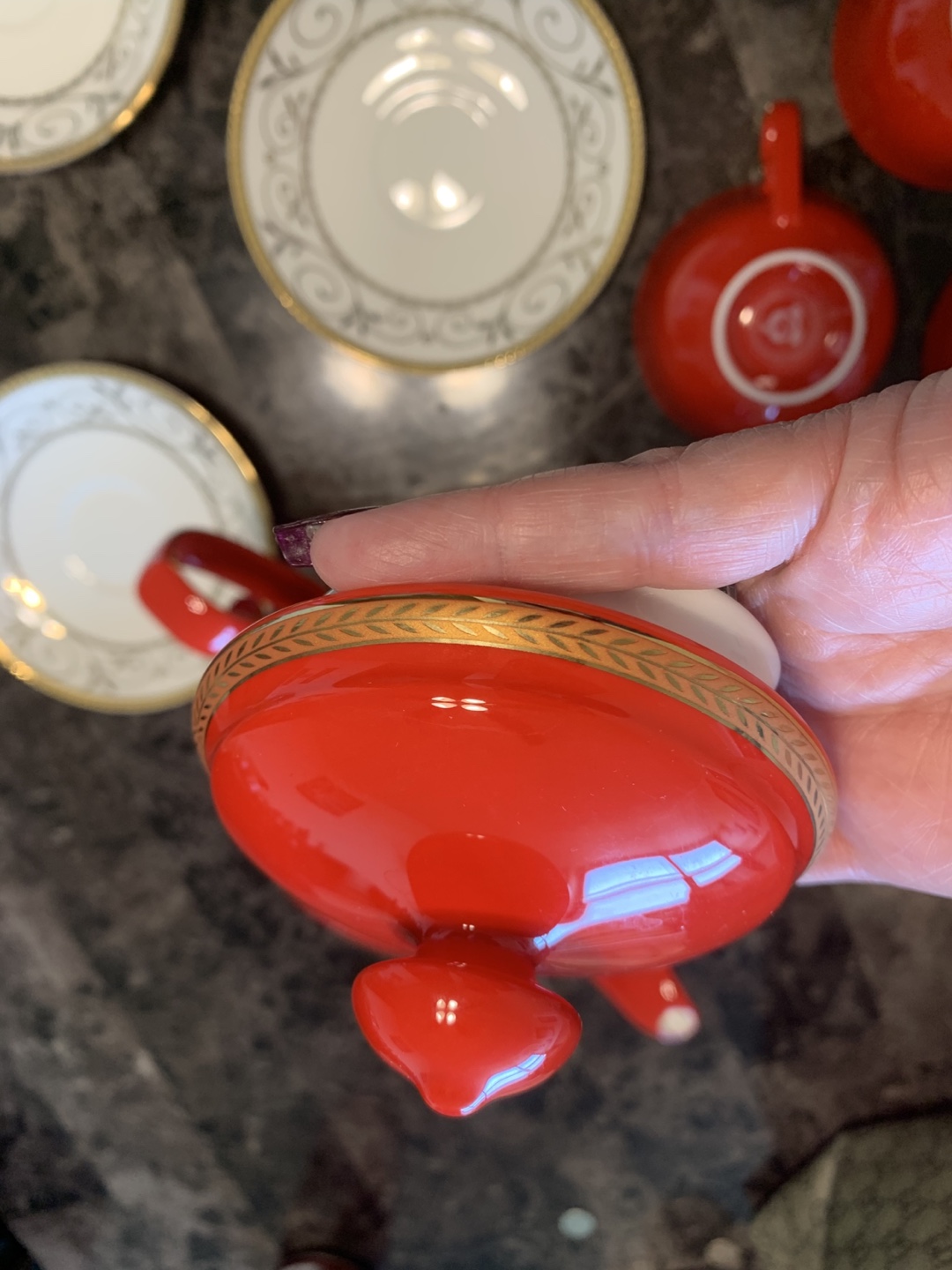 Red Tea Set with Gold Accents - 4 Cups and Saucers, Teapot - photo 5