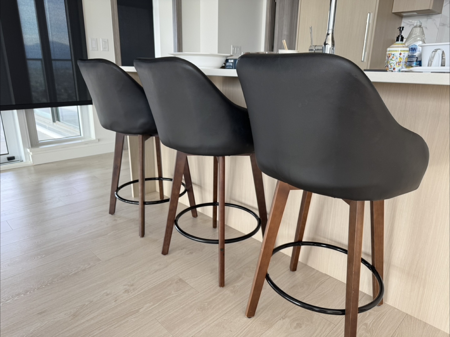 Set of Three Black Leather Bar Stools with Wood Legs - photo 2