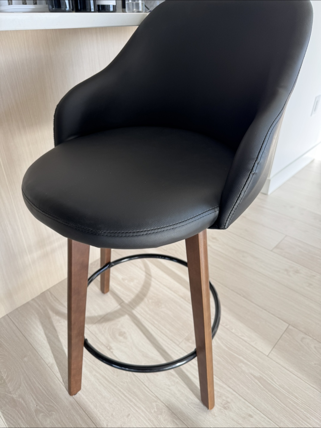 Set of Three Black Leather Bar Stools with Wood Legs - photo 3