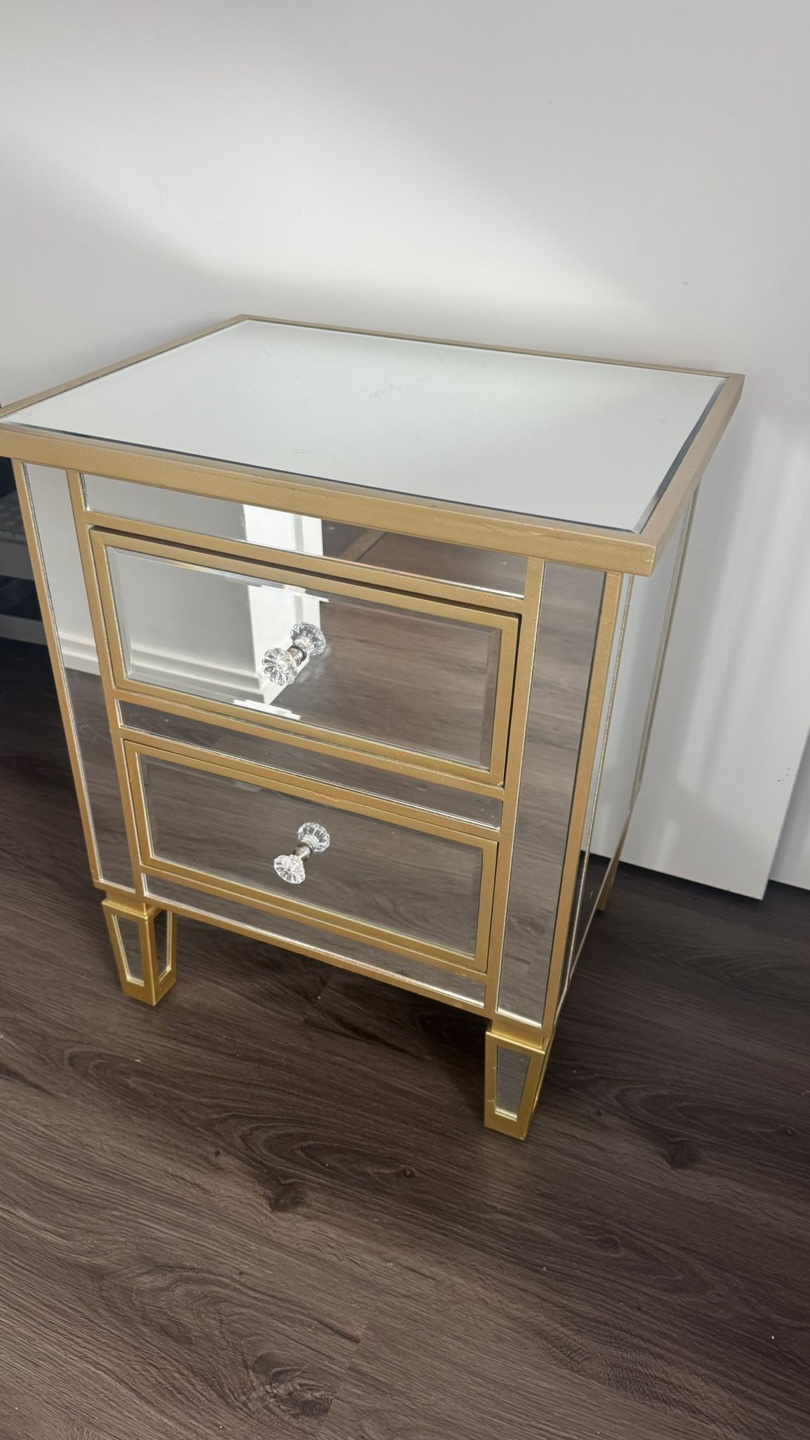 Gold Mirrored Nightstand with Three Drawers