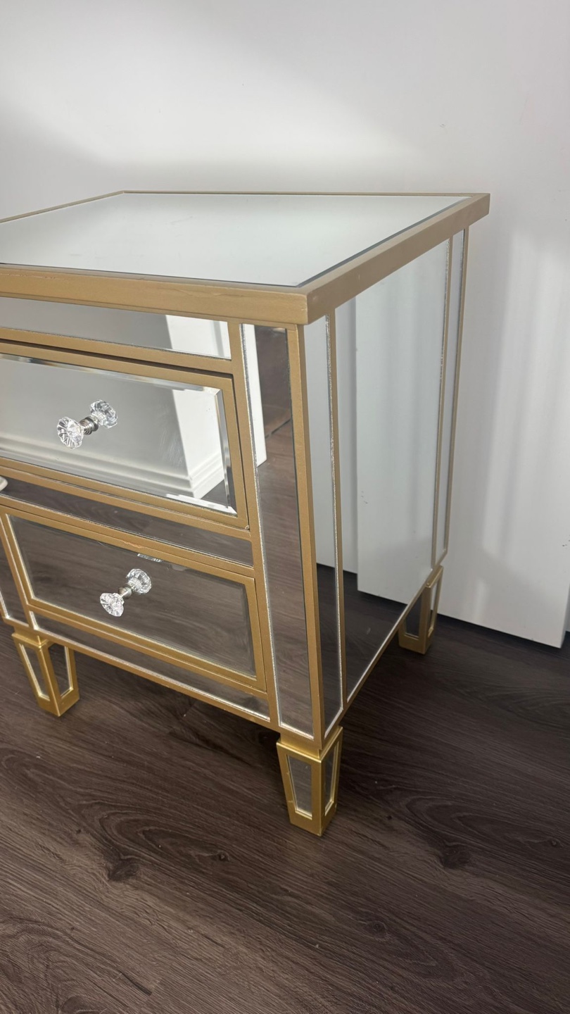 Gold Mirrored Nightstand with Three Drawers - photo 4