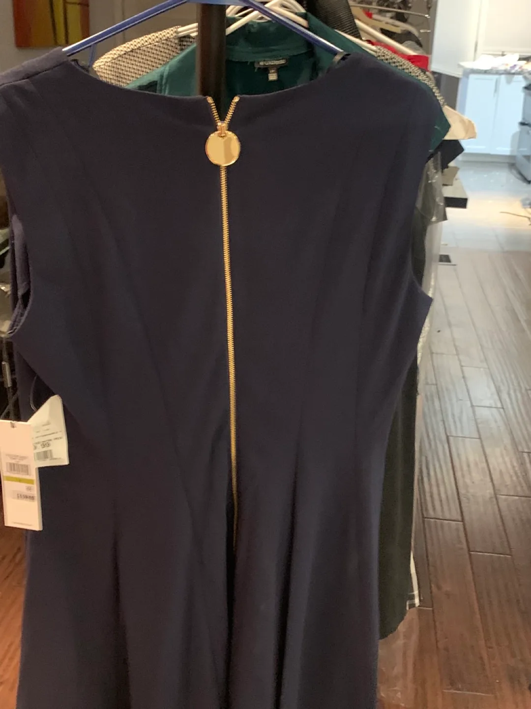 Navy blue Calvin Klein midi dress with gold zipper thumbnail