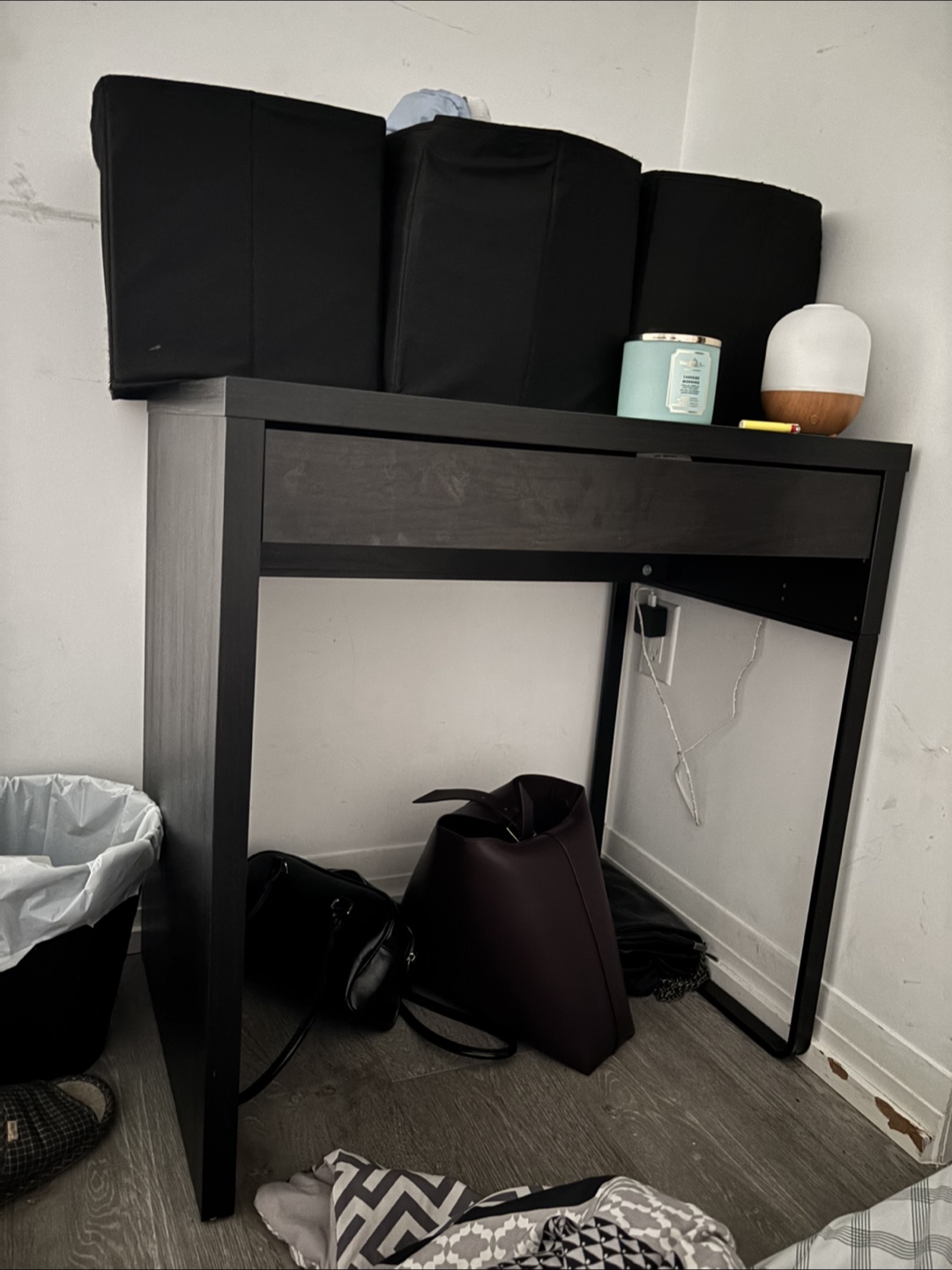 Desk and Black Mesh Office Chair