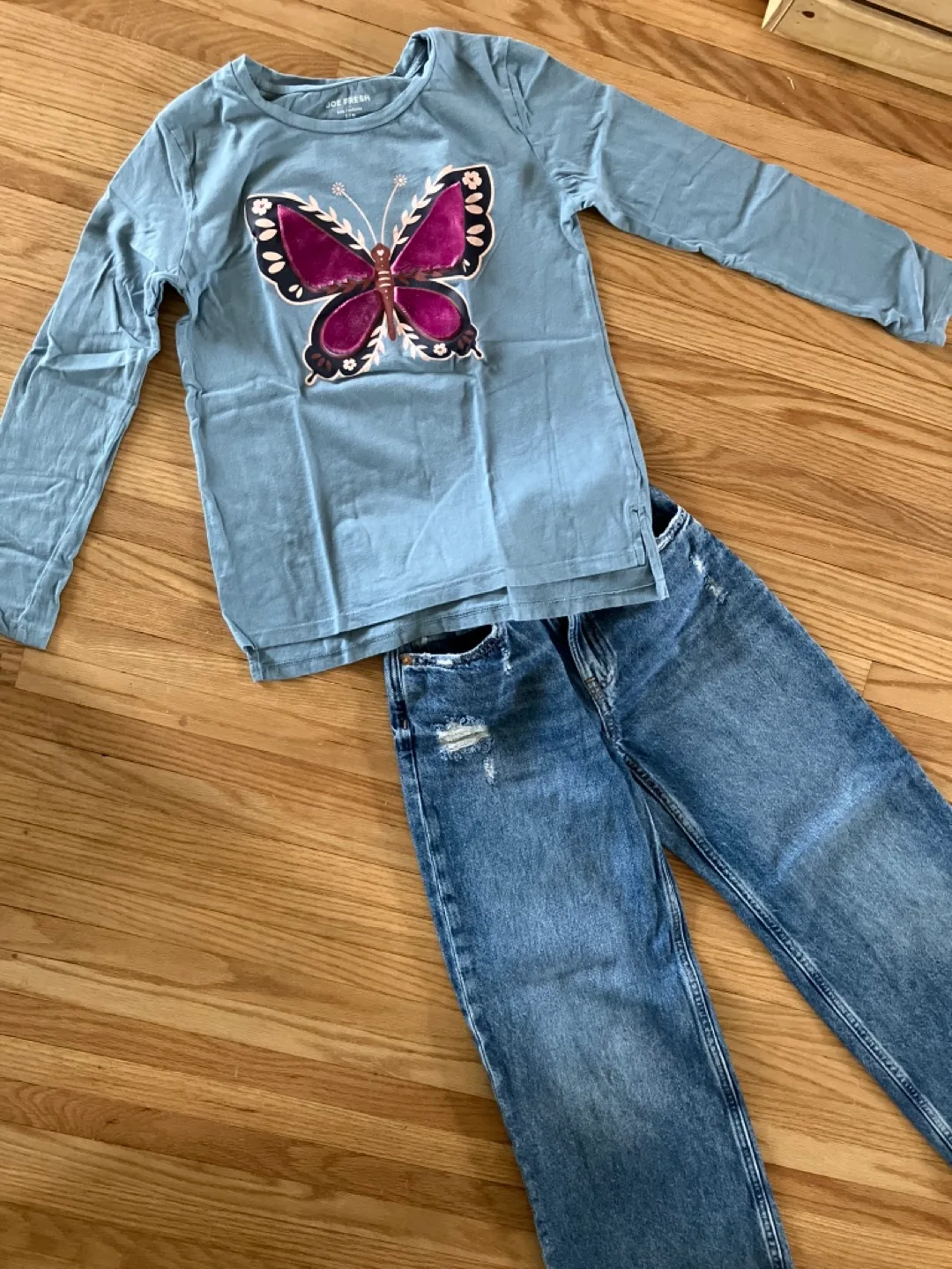 Girls' Jean Outfit: Butterfly Long Sleeve Shirt & Jeans image indicator(2)