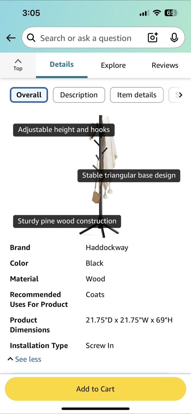 Black Wooden Coat Rack - Adjustable Height - photo 2