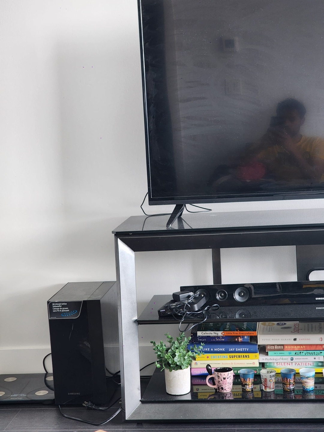 Glass Black TV Stand with TV and Sound System - photo 2