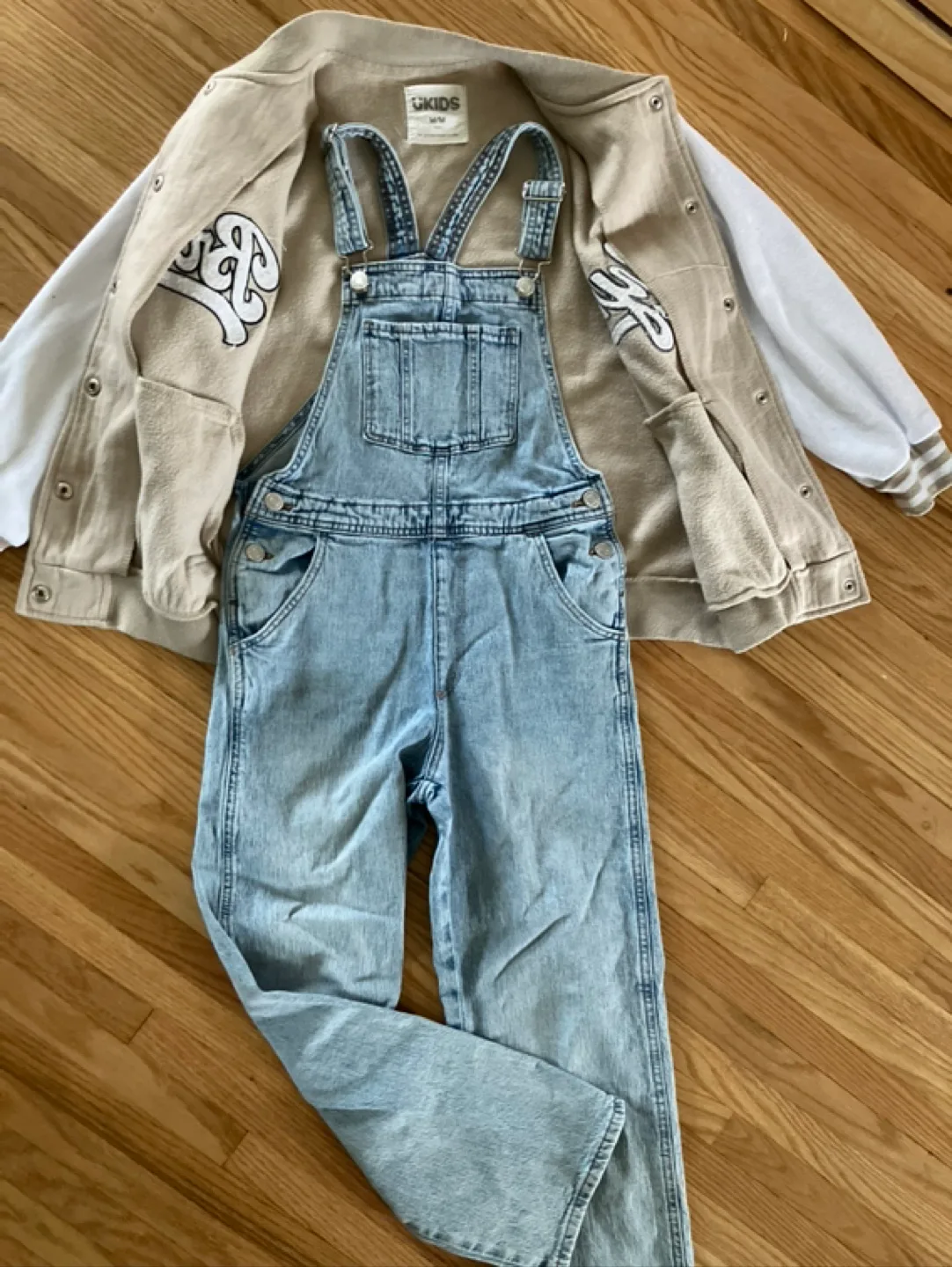 Kids Outfit: Tan Varsity Jacket and Light Wash Denim Overalls image indicator(5)