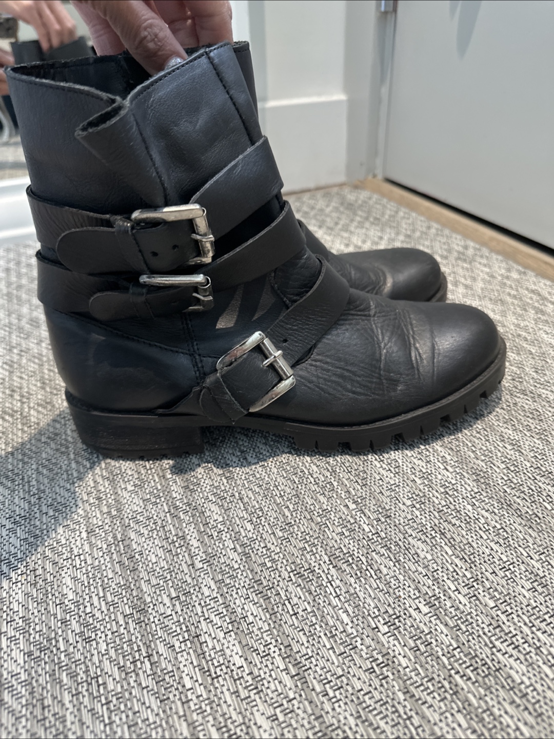 Black Leather Buckle Boots - Size 8W - photo 3