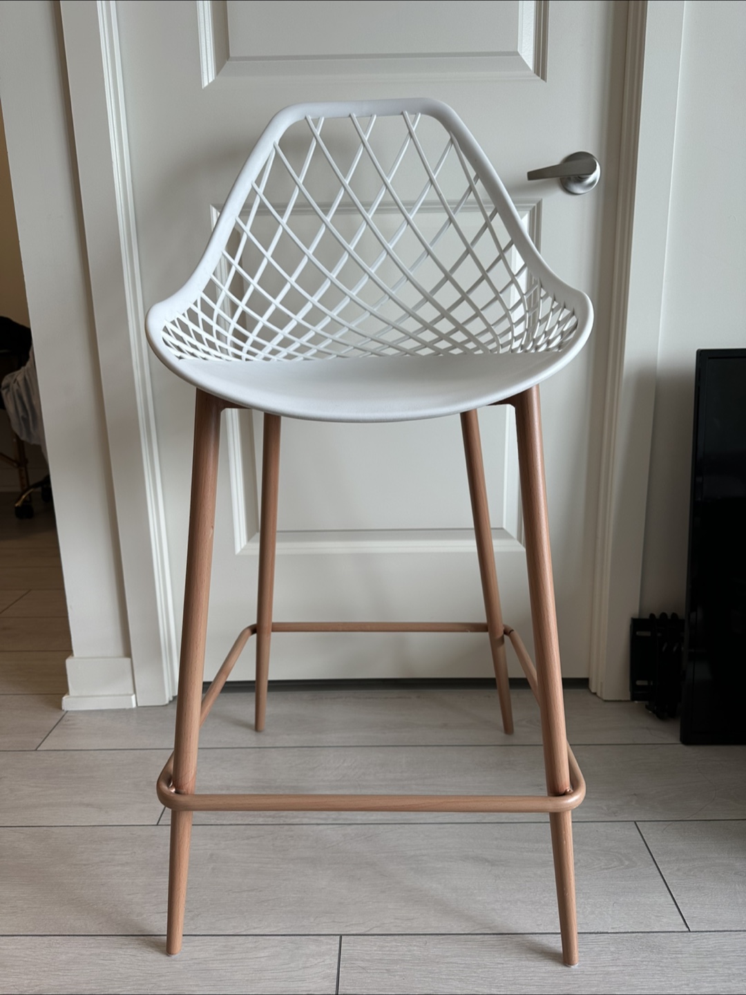 White Plastic Counter Stool with Light Wood Legs