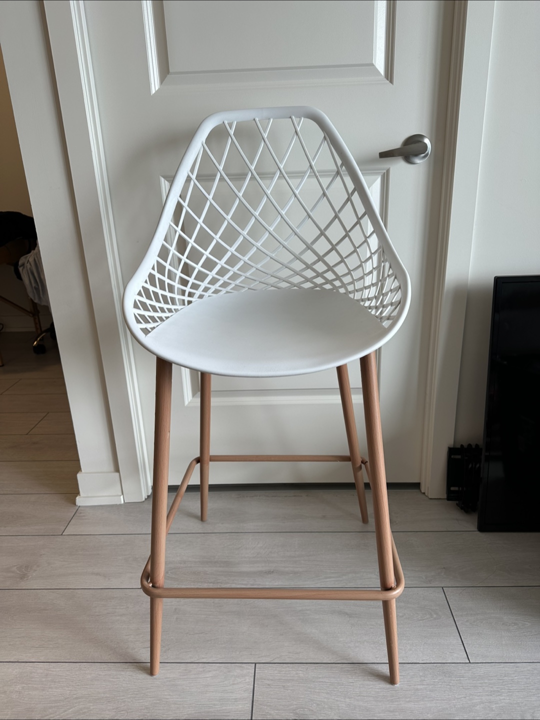 White Plastic Counter Stool with Light Wood Legs - photo 2