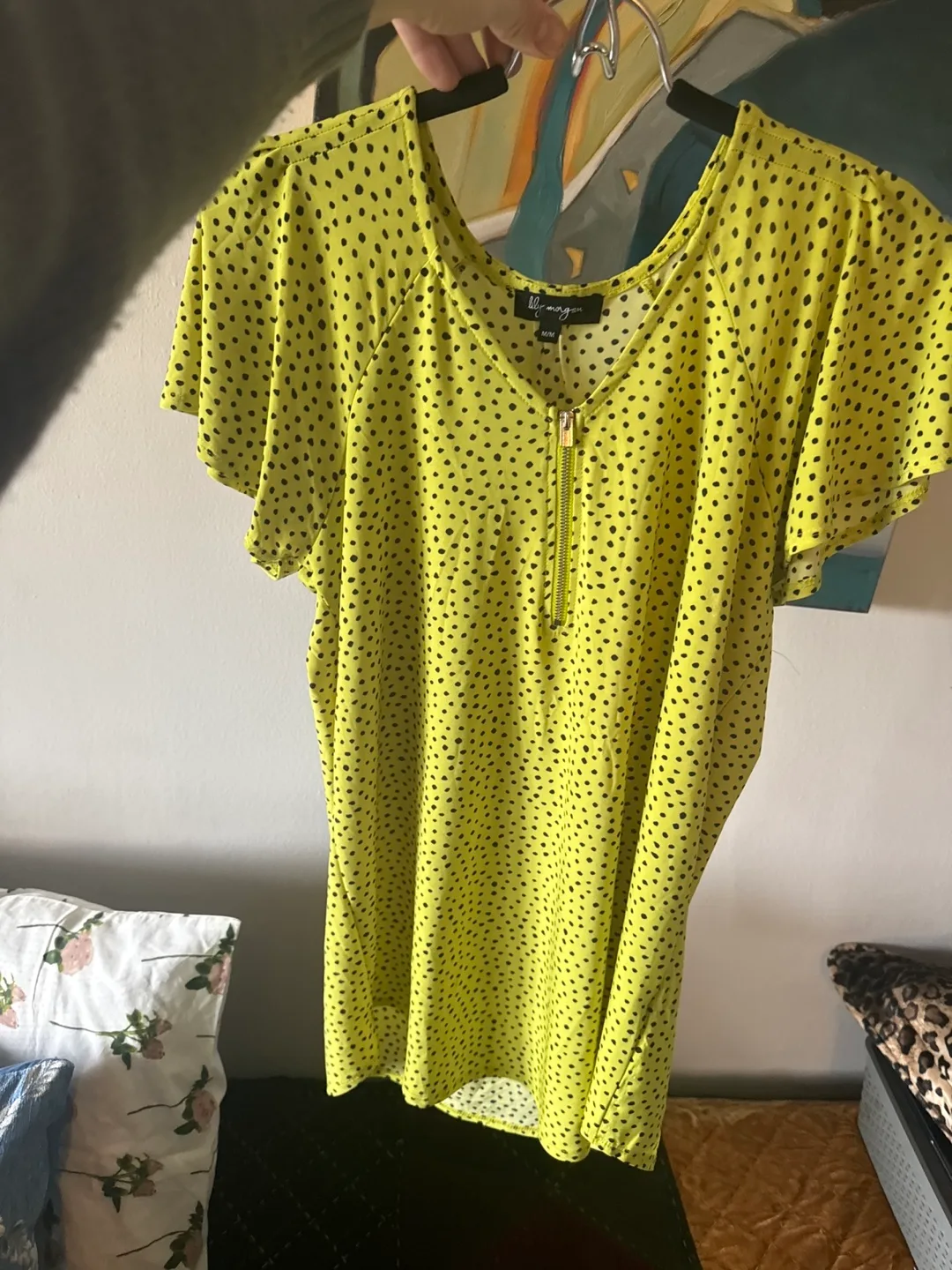Lime green polka dot blouse, size M thumbnail