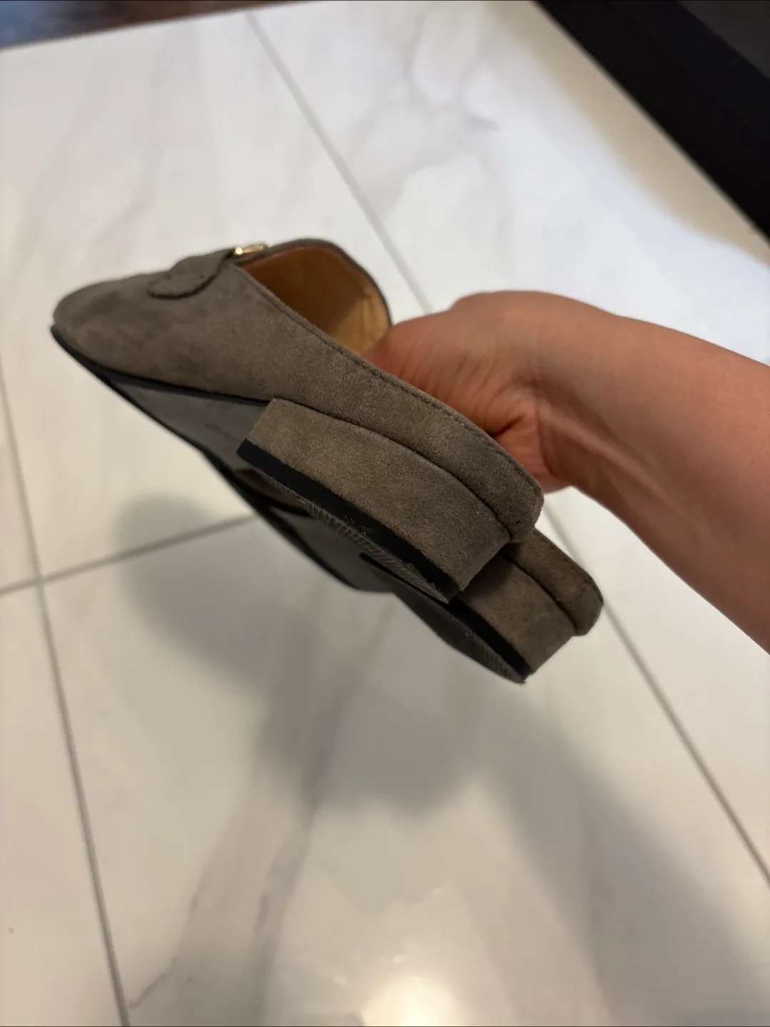 Grey Suede Mules with Gold Buckle image indicator(2)