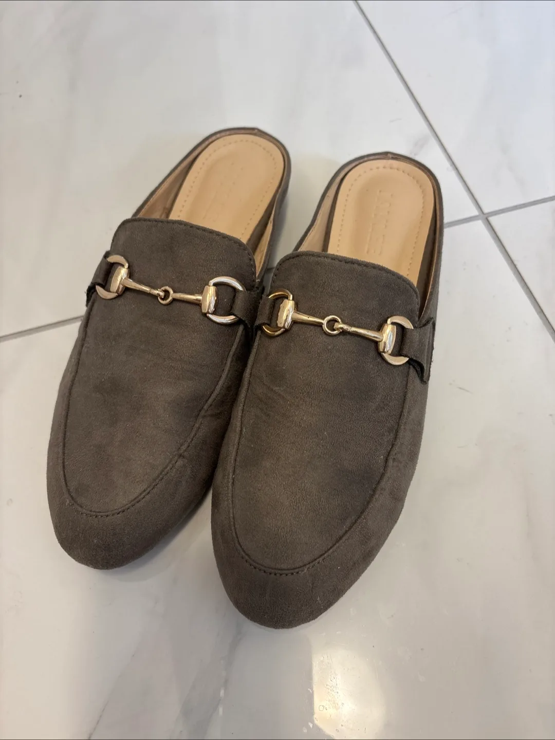 Grey Suede Mules with Gold Buckle thumbnail