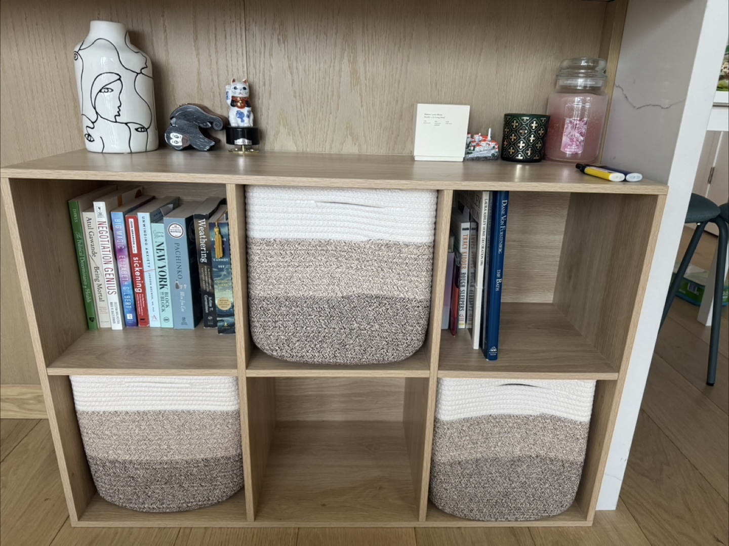 Wooden bookcase with Three Woven Storage Baskets