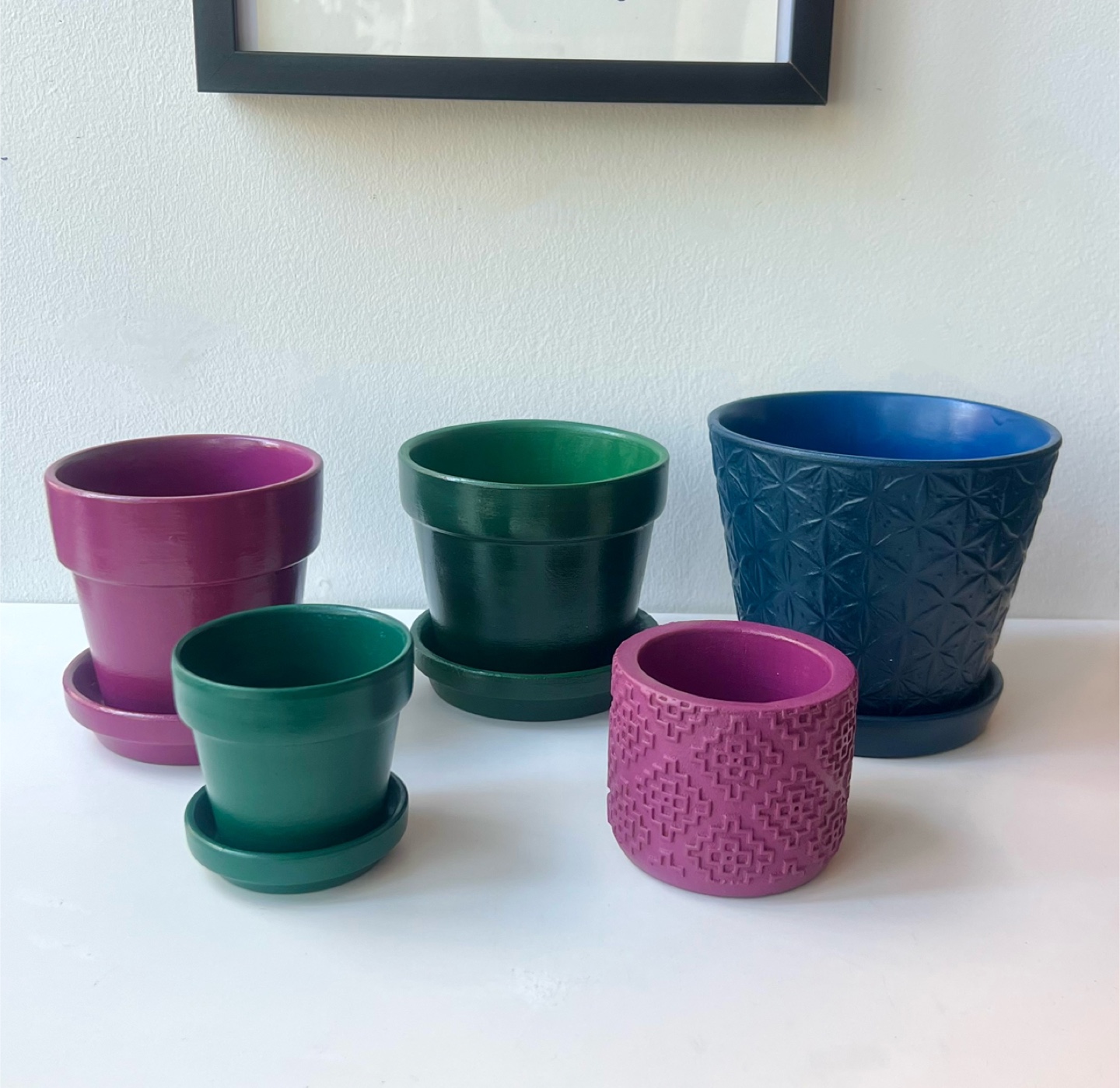 Set of 5 Painted Terracotta Pots with Saucers