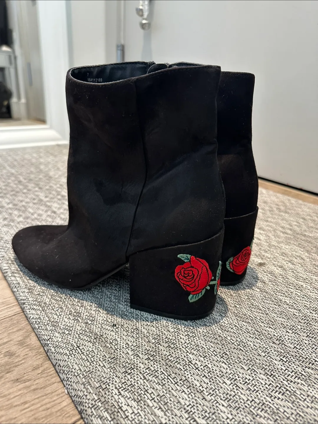 Black Suede like material Rose Embroidered Ankle Boots image indicator(2)