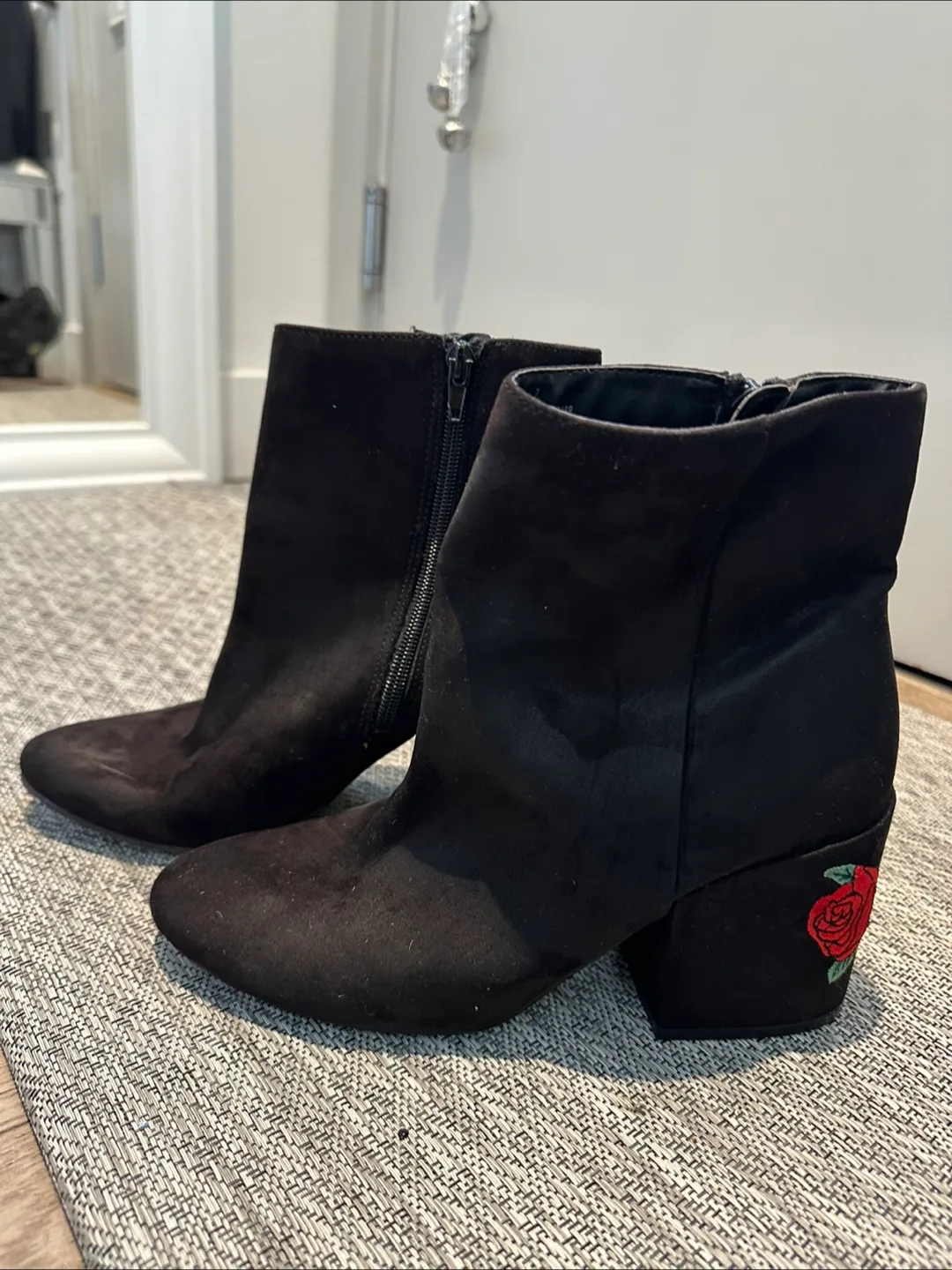 Black Suede like material Rose Embroidered Ankle Boots image indicator(4)