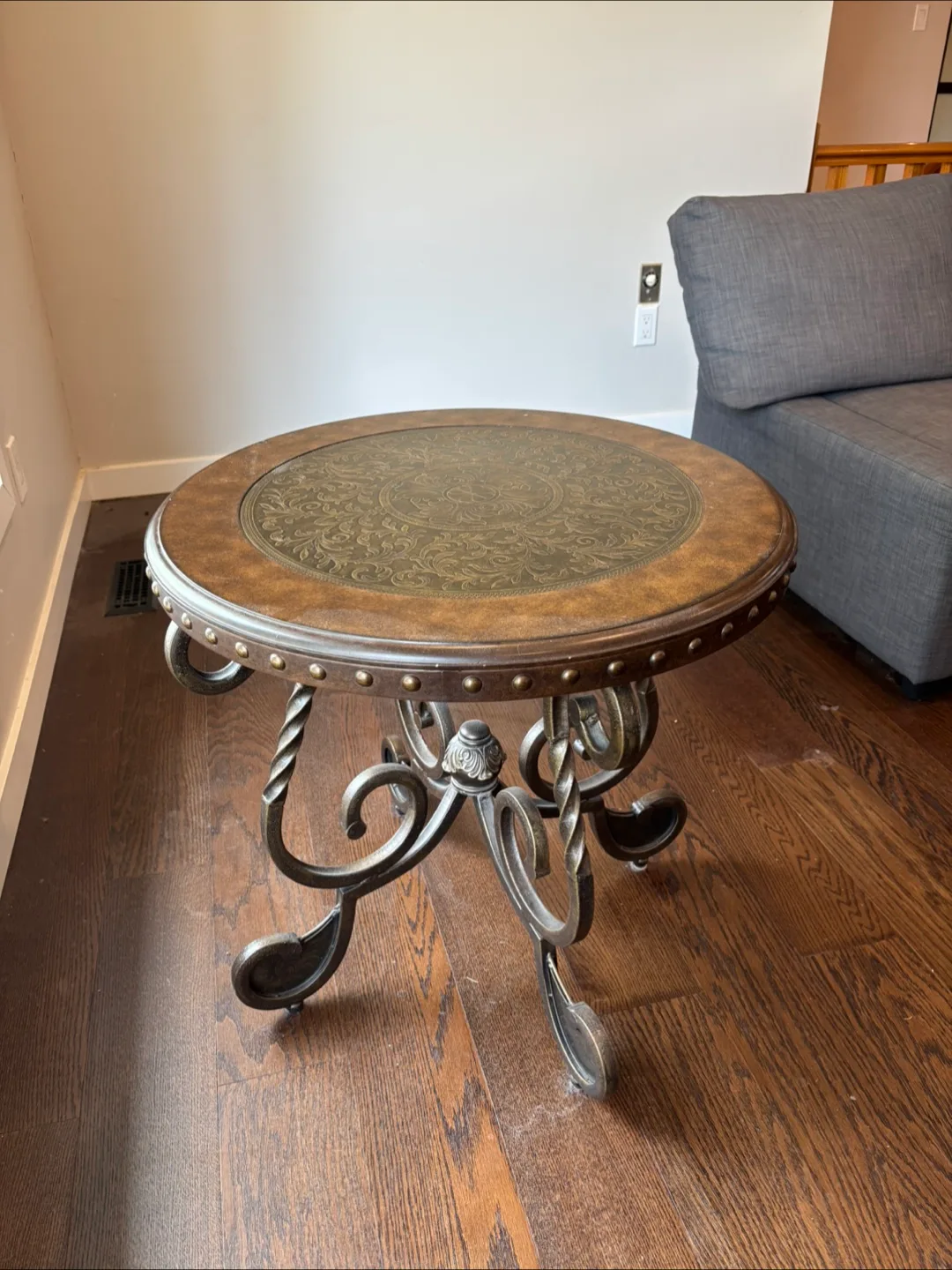 Ornate Round Wood and Metal Coffee Table thumbnail