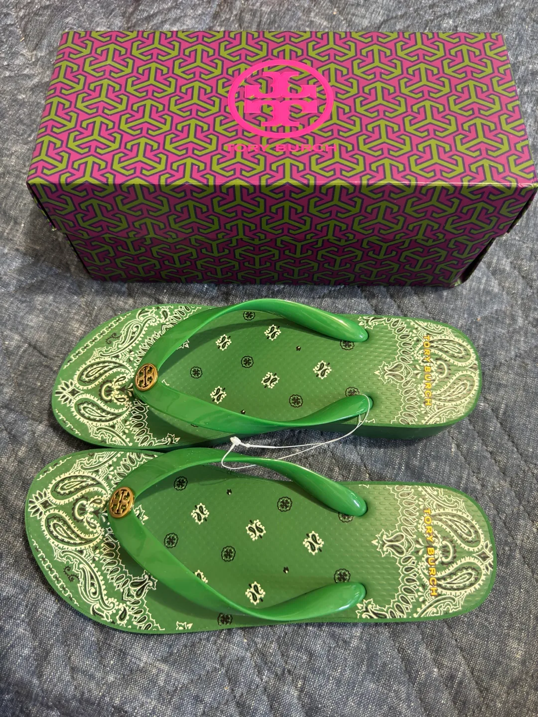 Tory Burch Green Paisley Wedge Flip Flops - Size 8M thumbnail