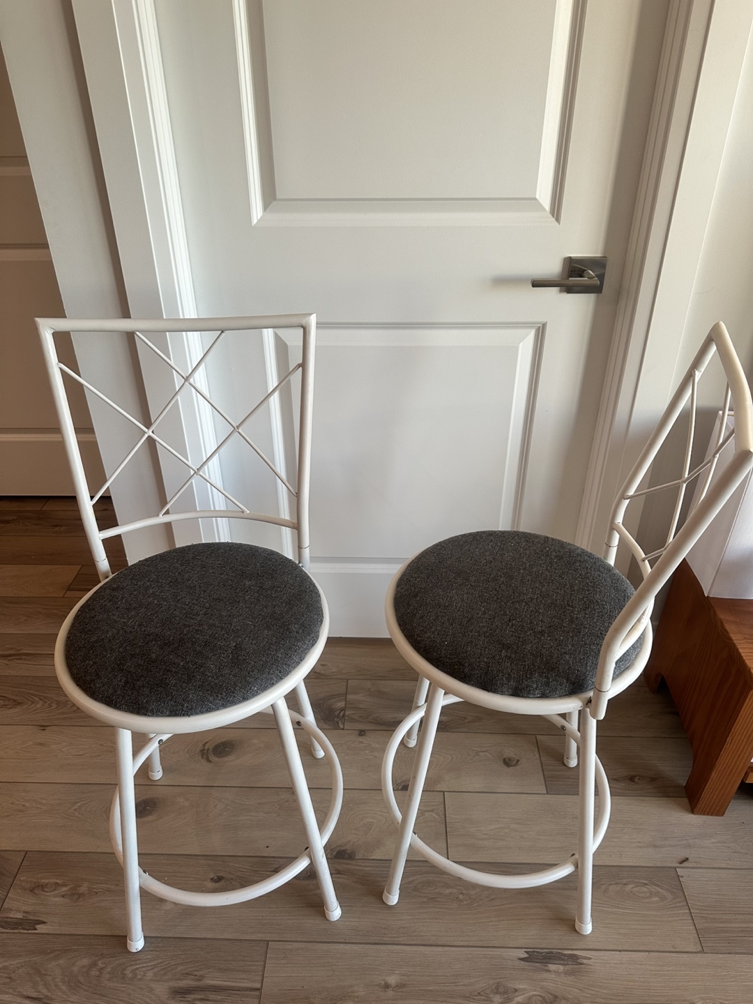 Pair of White Metal Bar Stools with Grey Cushions