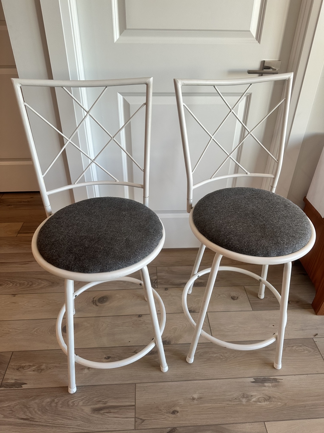Pair of White Metal Bar Stools with Grey Cushions - photo 2