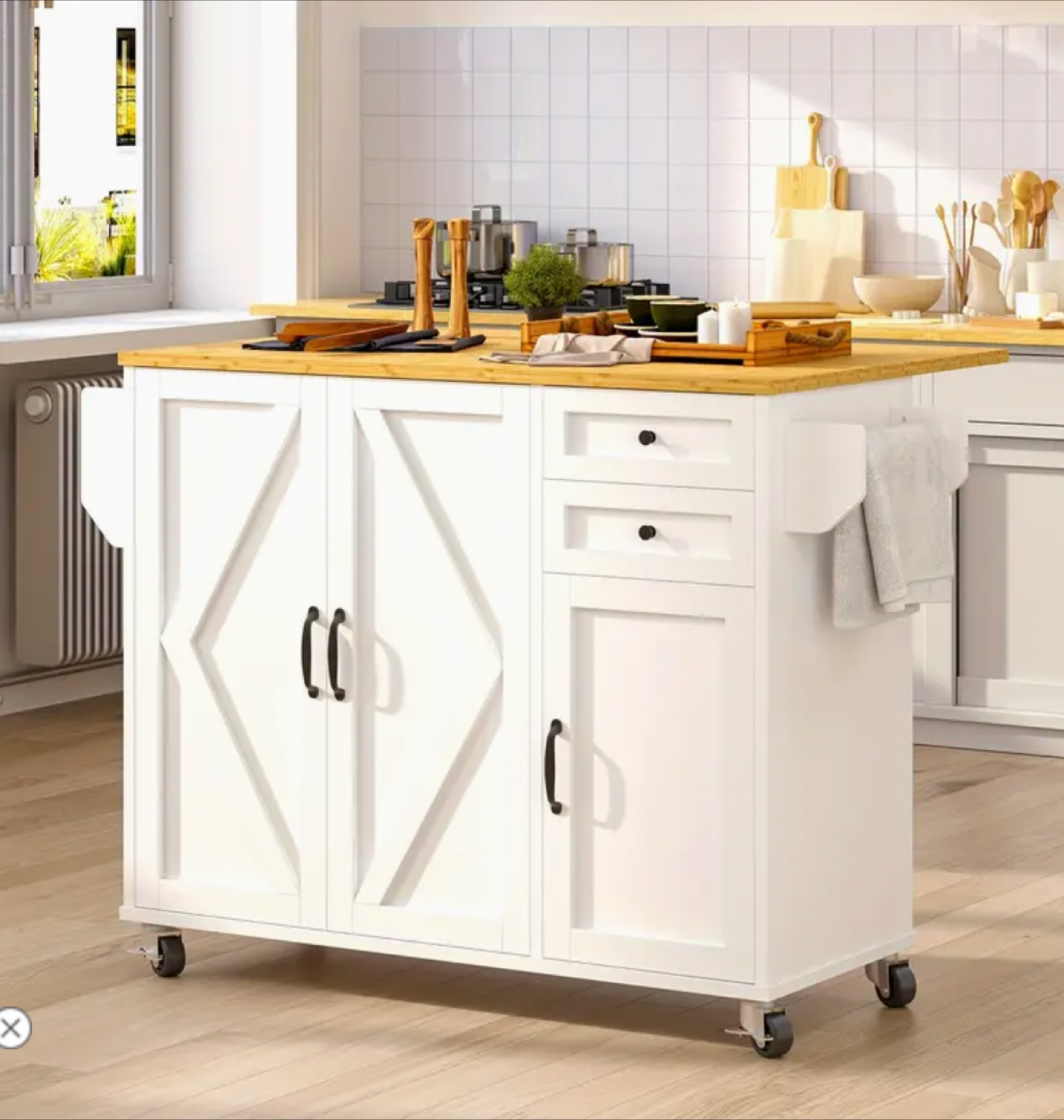 White Kitchen Island Cart with Wood Top (NEW) - photo 2