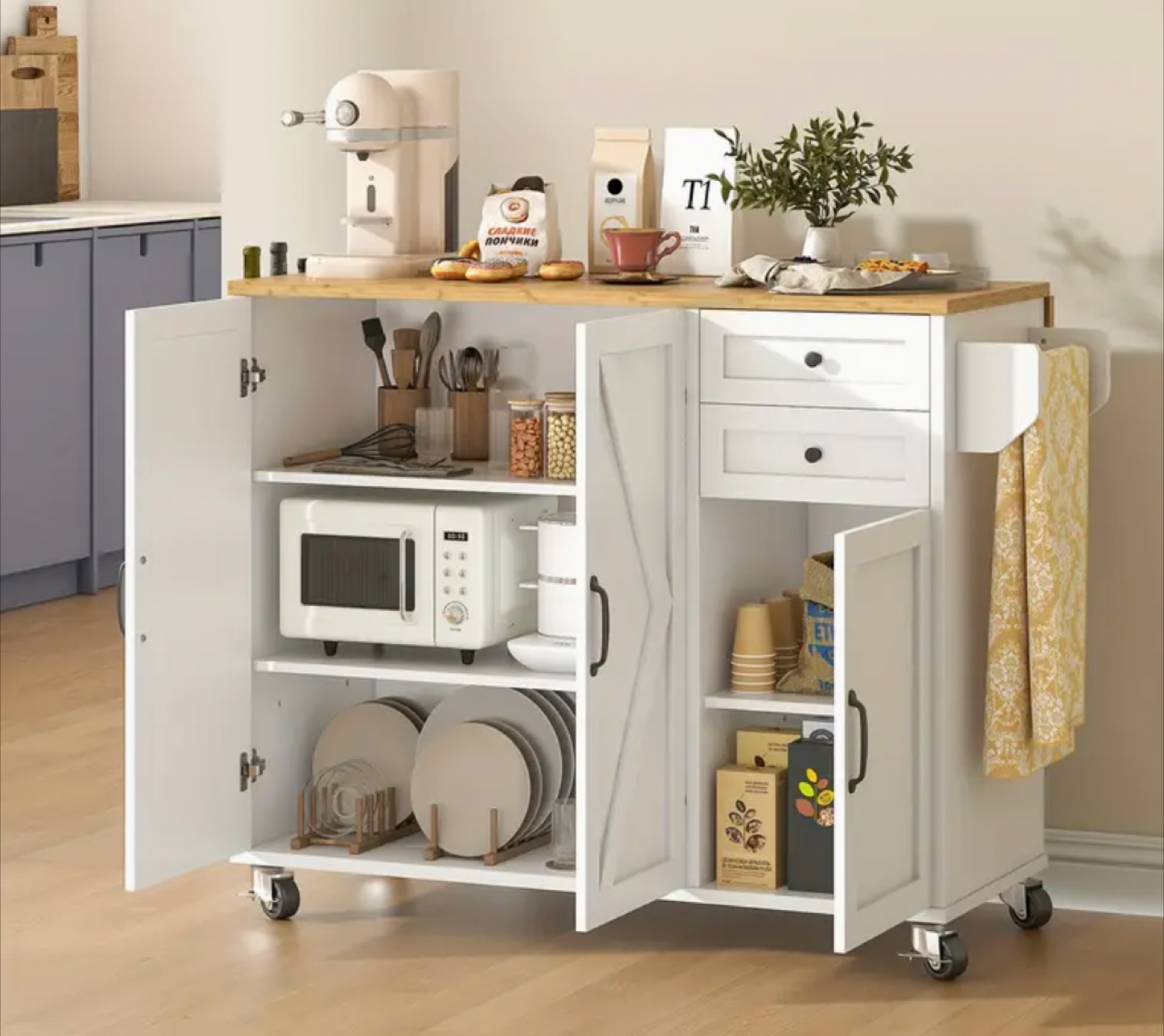 White Kitchen Island Cart with Wood Top (NEW)